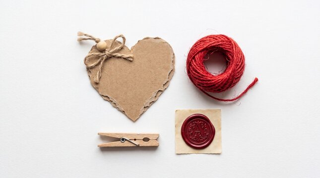 Cardboard heart with red twine and wax seal for craft