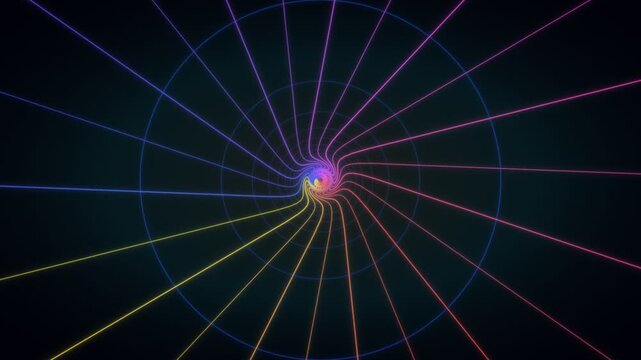 Neon wireframe tunnel spiraling into a dark digital void
