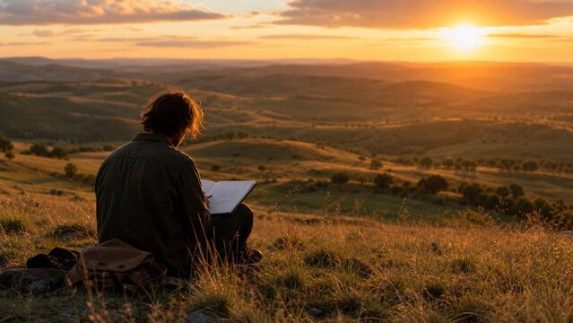 Artist sketching rolling hills at sunset in a quiet open field