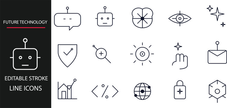 Set of future technology line icons featuring robots, digital security, data analysis, and abstract geometric symbols for modern ui design