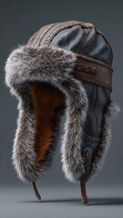 Fototapeta premium Vintagestyle aviator hat made of distressed dark leather and thick brown fur lining