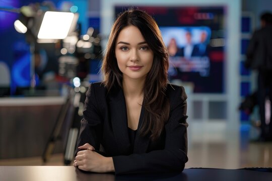 Portrait of a beautiful female news anchor sitting at a desk.