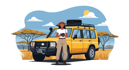 Flat style vector illustration of a female traveler experiencing wildlife safari adventures in Kenya, ideal for tourism campaigns, travel advertising and nature destination promotion © Amie
