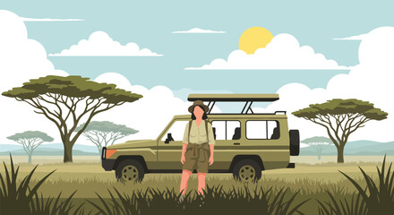 Flat style vector illustration of a female traveler experiencing wildlife safari adventures in Kenya, ideal for tourism campaigns, travel advertising and nature destination promotion © Amie