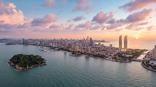 Aerial view of city skyline during a beautiful sunset