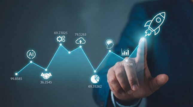 Hand touching futuristic digital interface with growth metrics and icons, showcasing technology chart and data professional for modern business & finance