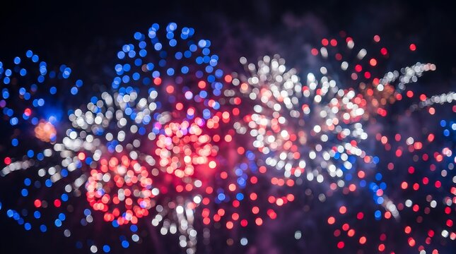 Bokeh of red white and blue fireworks illuminating night sky over celebration.