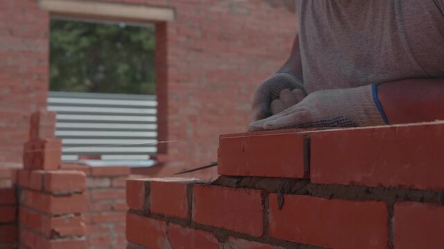 Close-up of a construction worker gloved hands, laying red bricks with wet cement. Professional bricklayer at the construction site.