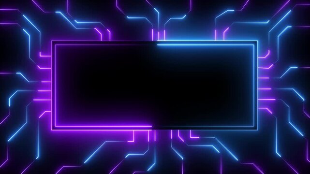 Neon blue and purple glowing circuit board frame