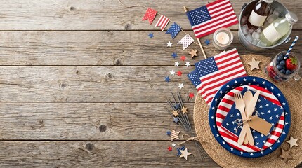 Obraz premium Fourth of July picnic table setting with american flags and party decorations.