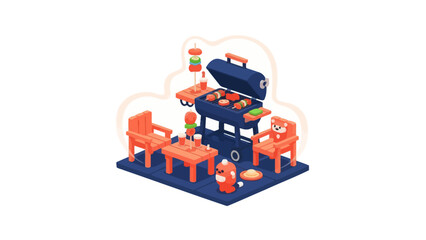 Naklejka premium Isometric Cute BBQ Party Illustration with Grill, Skewers, and Red Panda Characters