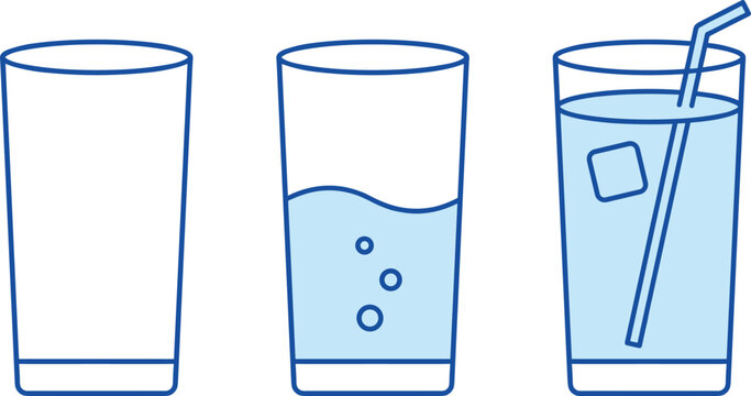 Drinking glass icon set featuring empty glass half full water with bubbles and full cold beverage with straw and ice vector