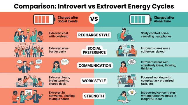 Introvert vs extrovert energy cycles comparison showing recharge styles, social preferences, communication, work style, and strengths, psychology and personality study
