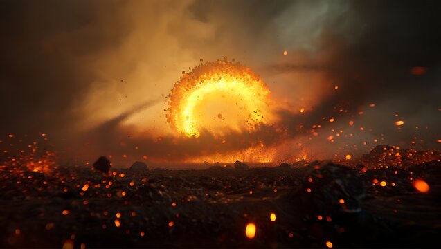 Explosion fire dust shockwave flying rocks