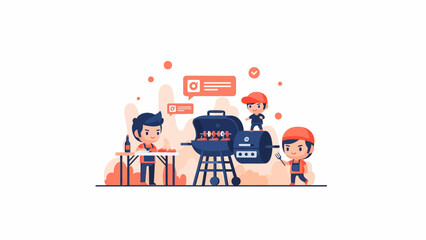 Fototapeta premium Flat Vector Illustration of Friends at a BBQ Party with Social Media Icons