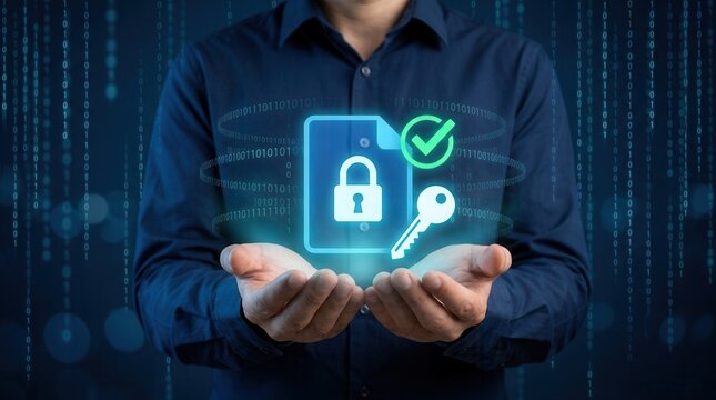 Secure cryptographic keys protecting encrypted files with a digital padlock and key icon.