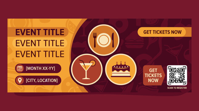 Pixel art style event banner template with food, drink, and cake icons, ideal for promotion and ticket sales