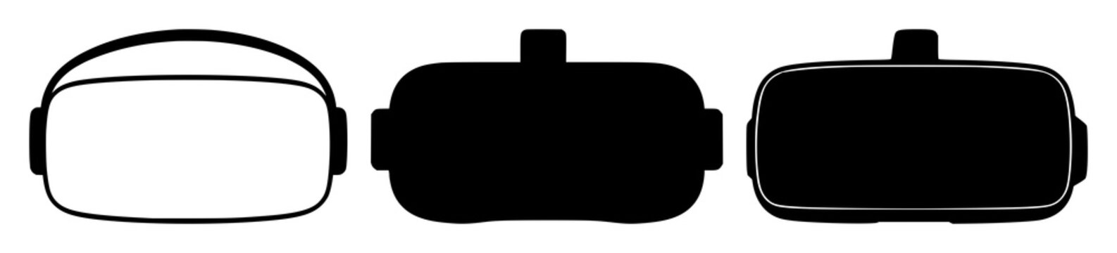 Solid black icon, white background: virtual reality (VR) headset set with simple line art design featuring line art, illustrations, graphic resources with vector and design elements