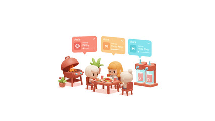 Naklejka premium 3D Stylized Family BBQ Scene with Digital Interface Bubbles and Cute Chibi Characters