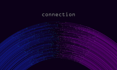 Obraz na płótnie Canvas Abstract technology connection background with blue and purple neon lines and dots on dark banner. Vector futuristic digital network stream representing big data communication.