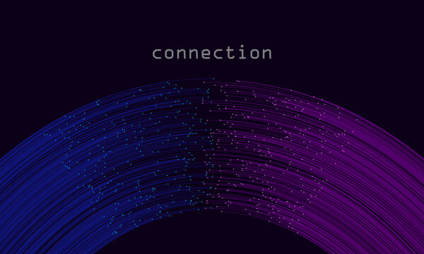 Abstract technology connection background with blue and purple neon lines and dots on dark banner. Vector futuristic digital network stream representing big data communication.