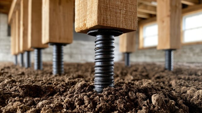 Crawl space foundation support jack under wooden house floor