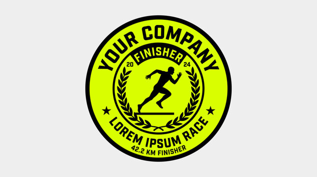 Pixel art running race finisher badge for competition, achievement, sport event, or challenge recognition, with a runner silhouette and laurel wreath, ideal for gaming or retro themes