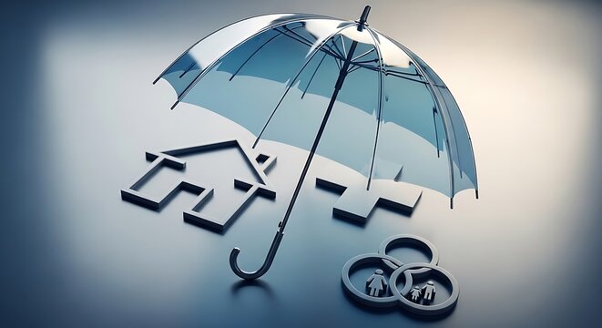 A conceptual 3d illustration showing a protective umbrella over a house, a medical cross, and a family icon representing comprehensive aca plans coverage