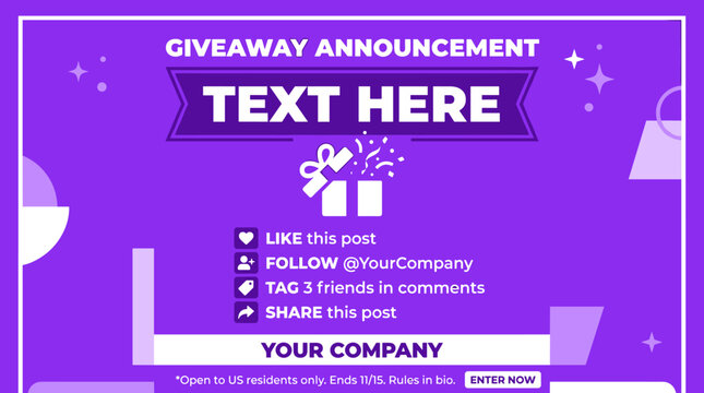 Giveaway announcement template with text here, social media engagement instructions, and gift box on a vibrant purple background