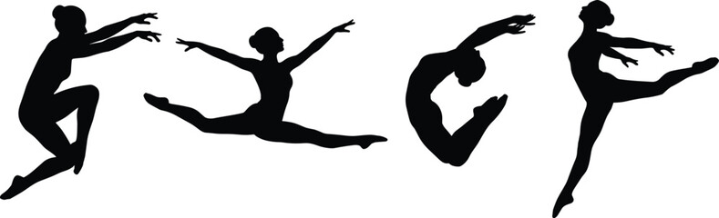 Gymnastics and ballet dancer silhouette icon set featuring graceful female ballerina leaping jumping and performing athletic movements vector © MSTSULTANA