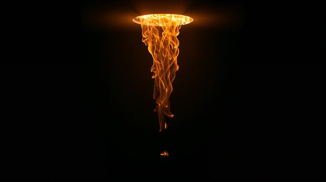 Glowing flame swirl descending from ceiling ring on dark background