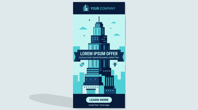 Pixel art urban cityscape with towering buildings and lorem ipsum offer banner, ideal for business advertisements and digital promotions