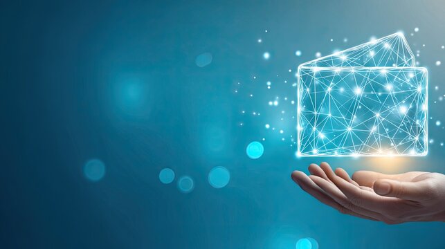 Hands cupping a glowing wireframe envelope digital message icon.