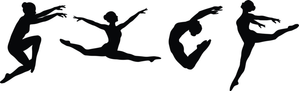 Gymnastics and ballet dancer silhouette icon set featuring graceful female ballerina leaping jumping and performing athletic movements vector