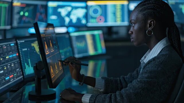 Focused shot of a risk analyst interacting with a multiscreen risk platform vivid alert icons prominent while the rest of the digital interface remains softly blurred.