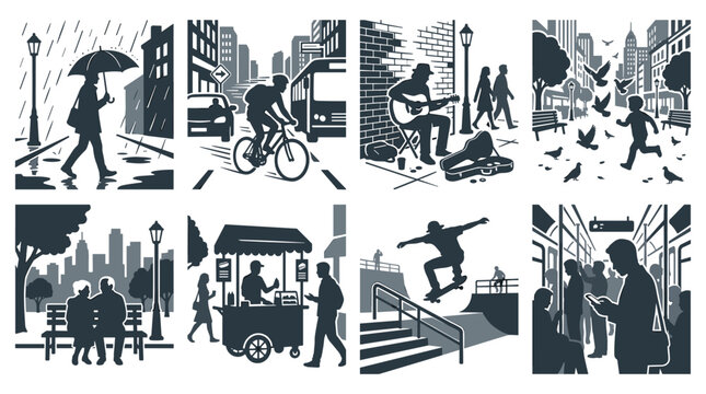 Pixel art collection of urban life scenes with people engaged in various daily activities like walking, biking, skateboarding, and commuting, showcasing cityscapes in a retro style