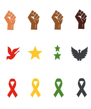 Collection of Juneteenth vector icons featuring raised fists, peace doves, stars and awareness ribbons. Flat design elements in Pan-African colors for freedom day celebrations, posters, social media 
