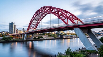 Fototapeta premium Large red steel arch bridge over a river in the city