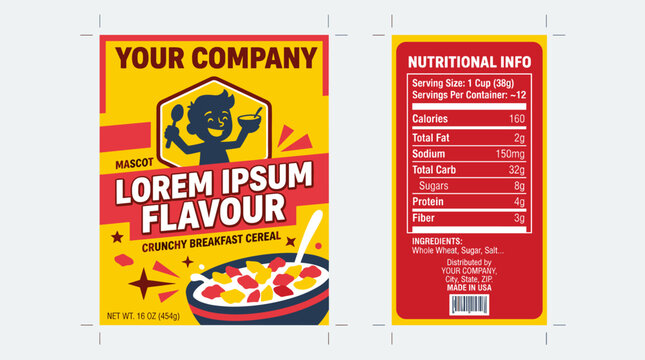 Pixel art style cereal box packaging design template with customizable text and nutritional information, vibrant and retro