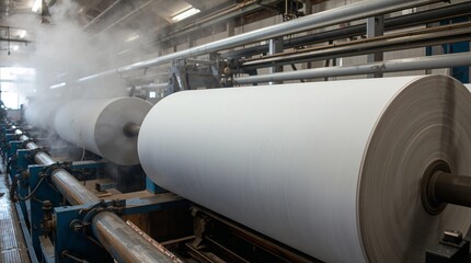 Naklejka premium Large white paper rolls on industrial production line with steam in manufacturing facility