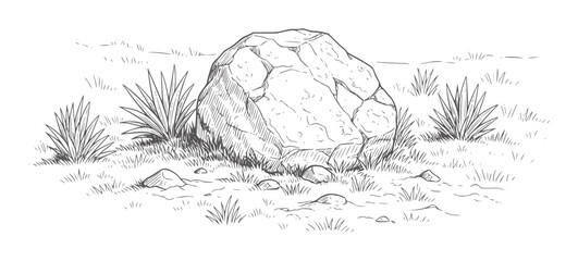 Black and white of a large boulder surrounded by grass and desert plants monochrome © Fahim