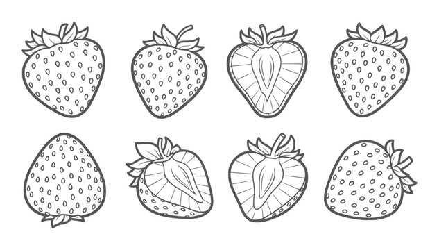 Collection of black and white line strawberries whole and halved strawberry fruit