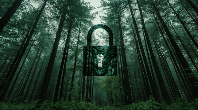 Giant padlock silhouette overlaid on misty forest trees privacy concept