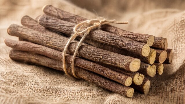longitudinal. Bundle of dried licorice roots on burlap fabric, textural detail. gardening catalogs, home-decor guides, designed for gardening and botanical catalogs, used by art directors.