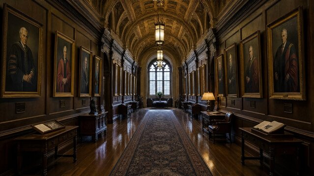 deans. Grand corridor in an old library lined with portraits of past deans. real-estate listings, architecture portfolios, designed for architectural facade and classical detail presentations.