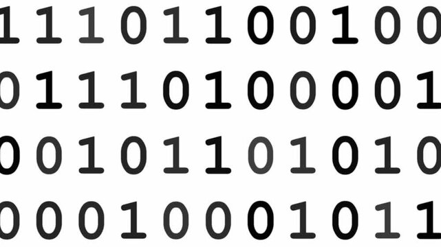 Digital animation featuring a dynamic background of moving ones and zeros. Represents binary code, data streams, and computer technology themes.