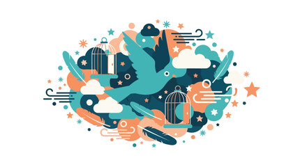Fototapeta premium Whimsical Abstract Illustration of a Bird Escaping a Cage - Concept of Freedom, Liberty, and Hope in Teal and Peach Palette