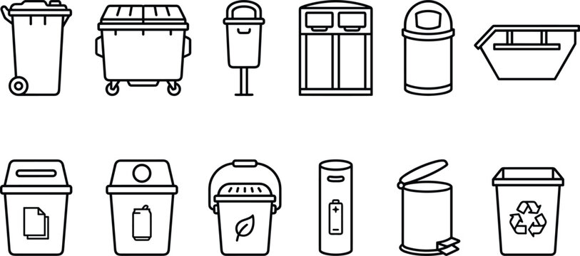 Waste management and garbage recycling bin line icon set featuring dumpster wheelie trash can sorting containers and skip vector