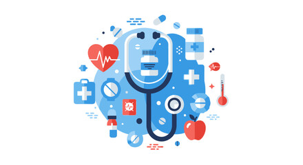 Fototapeta premium Modern Medical and Healthcare Flat Vector Illustration with Stethoscope, Heart, Medicine Bottles, and Wellness Symbols on White Background
