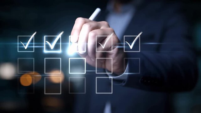 Hand pressing virtual checklist item on business interface, realistic task management technology, completed form, workflow automation, productivity app, project tracking